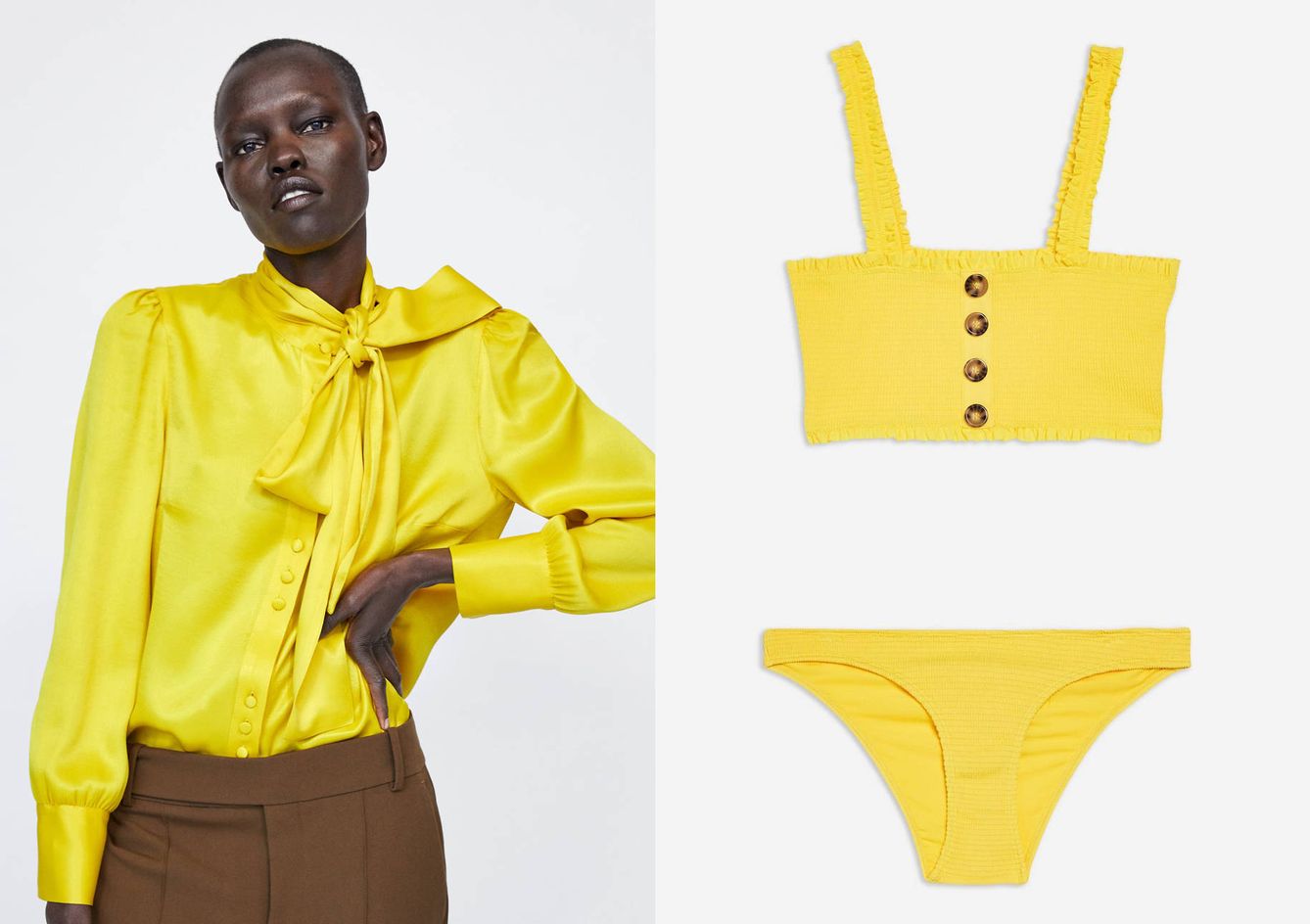 Blusa con manga larga y lazada al cuello de Zara (29,95 euros) y bikini con top elástico con botonadura central de Topshop (46 euros). (Cortesía) 