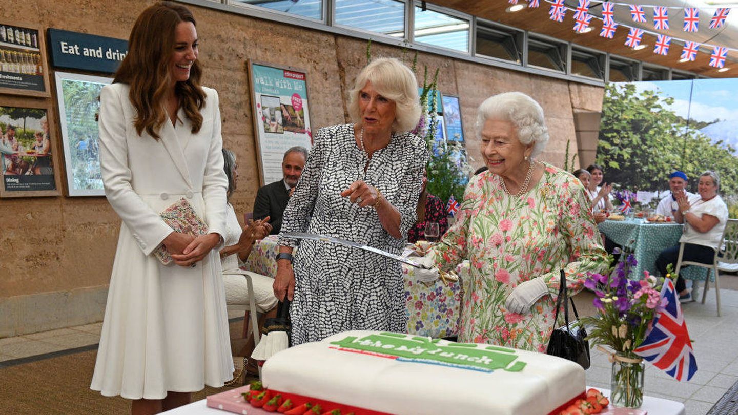 Kate Middleton, Camilla Parker y la reina Isabel II. (Getty)