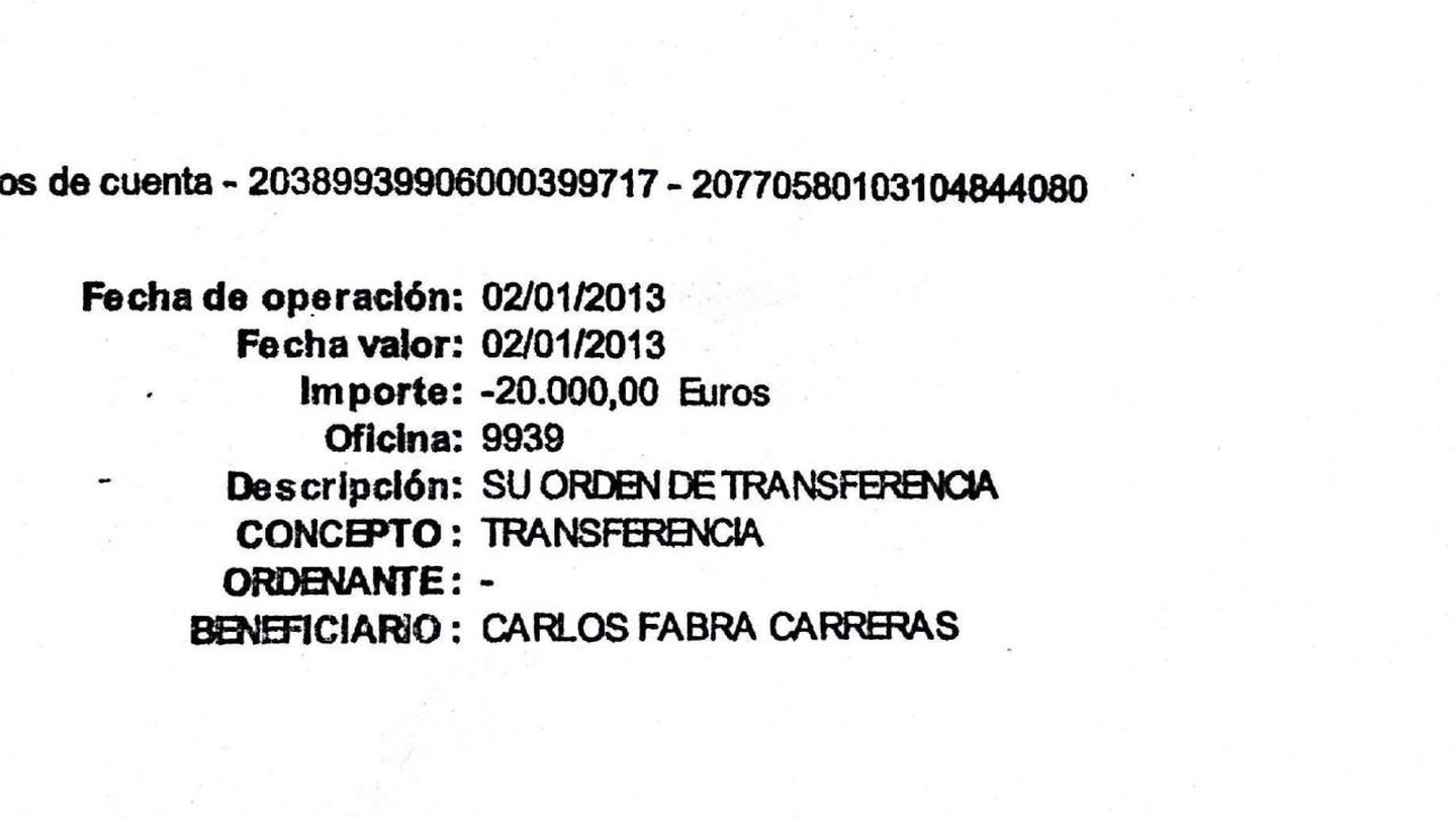 Una de las trasferencias a Carlos Fabra, de enero de 2013, por importe de 20.000 euros.