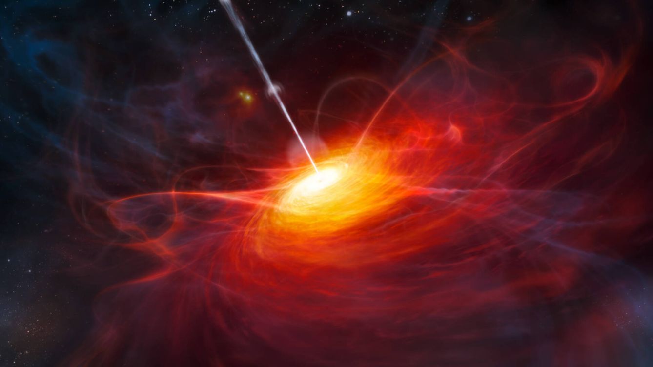 Foto: Ilustración de un quasar alimentado por un agujero negro ULAS J1120 0641 (ESO/M. Kornmesser)