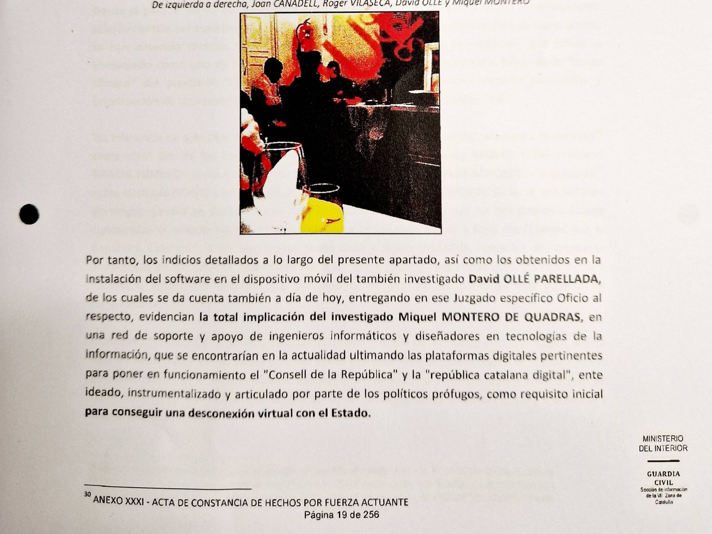 Extracto del sumario judicial en el que se describe el papel de Miquel Montero de Quadras. 