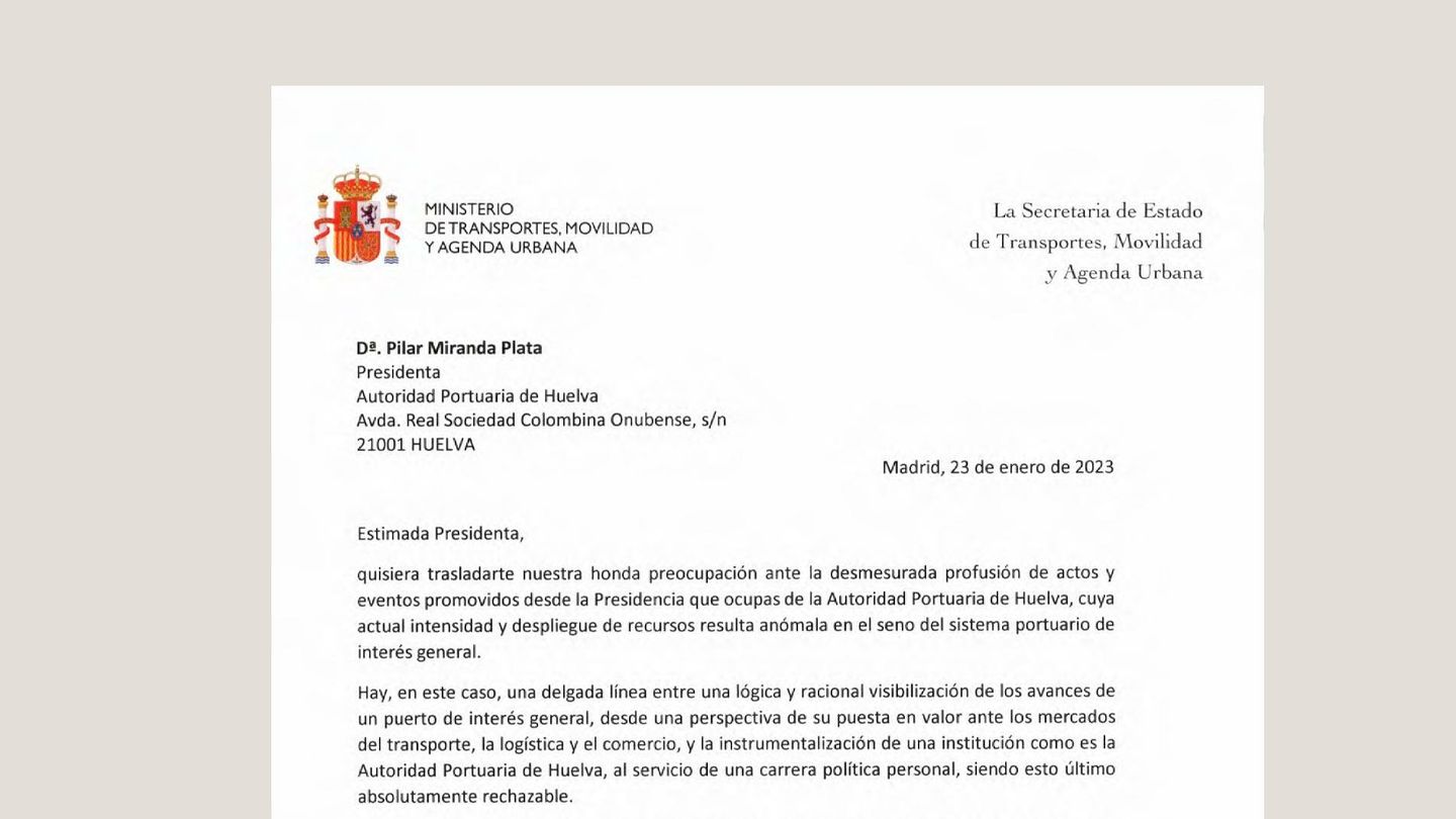 La carta enviada por el Ministerio de Transportes a la presidenta del Puerto de Huelva, Pilar Miranda. (EC)