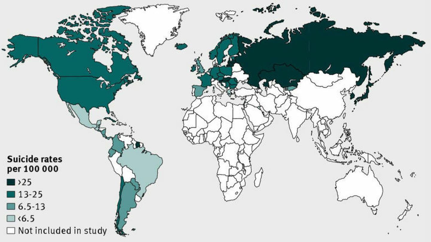 Ratio total de suicidios en los países participantes en el estudio en 2009. (bmj)