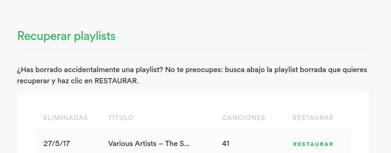 Así luce la opción ‘Recuperar playlists’ de Spotify.