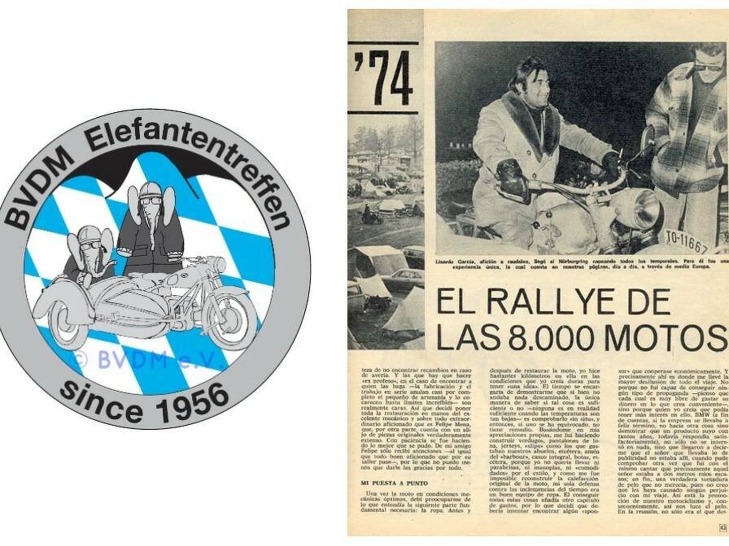 Recorte de la revista 'Motociclismo' de la época y símbolo de la concentración motera donde sale la BMW R75