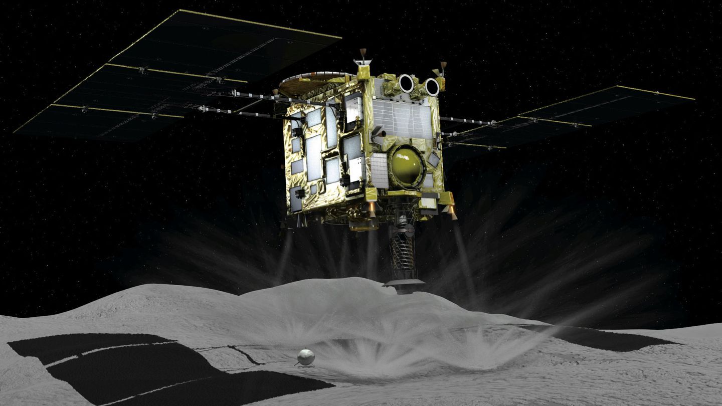 La sonda Hayabusa 2 aterrizando en el asteroide Ryugu. (JAXA)