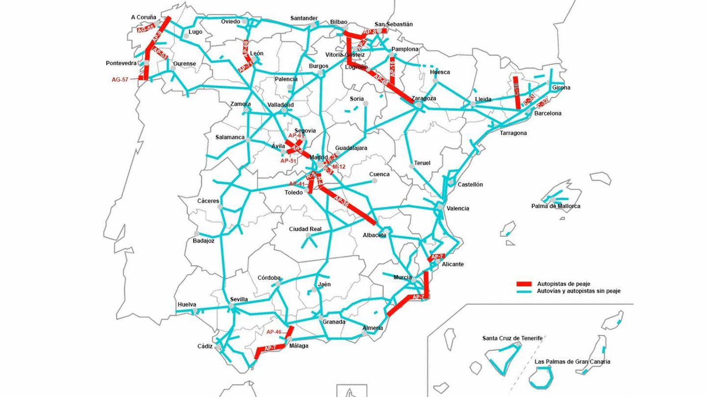 Mapa de autopistas con y sin peaje en España, 2022. Fuente: Ministerio de Transportes