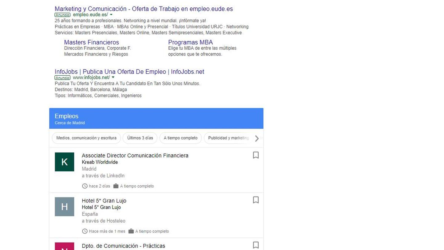 Así se ve ahora mismo Google for Jobs en España