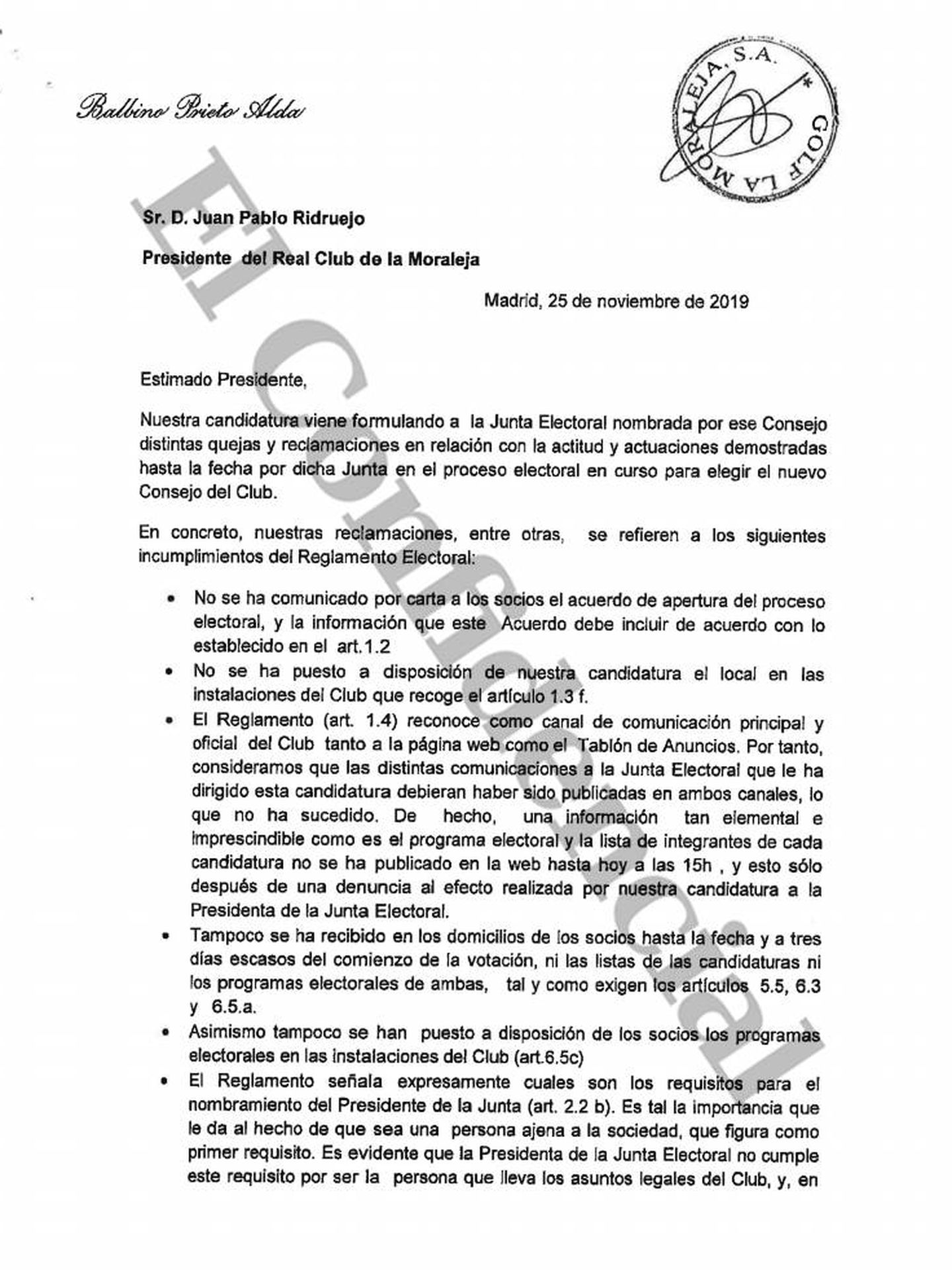 Carta enviada por Balbino Prieto al presidente y candidato, Juan Pablo Ridruejo. (EC)