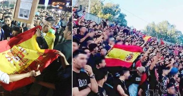 Foto: La bandera española durante una manifestación en Alhucemas en la primavera de 2017, y en la grada del Saniat Ramel de Tetuán