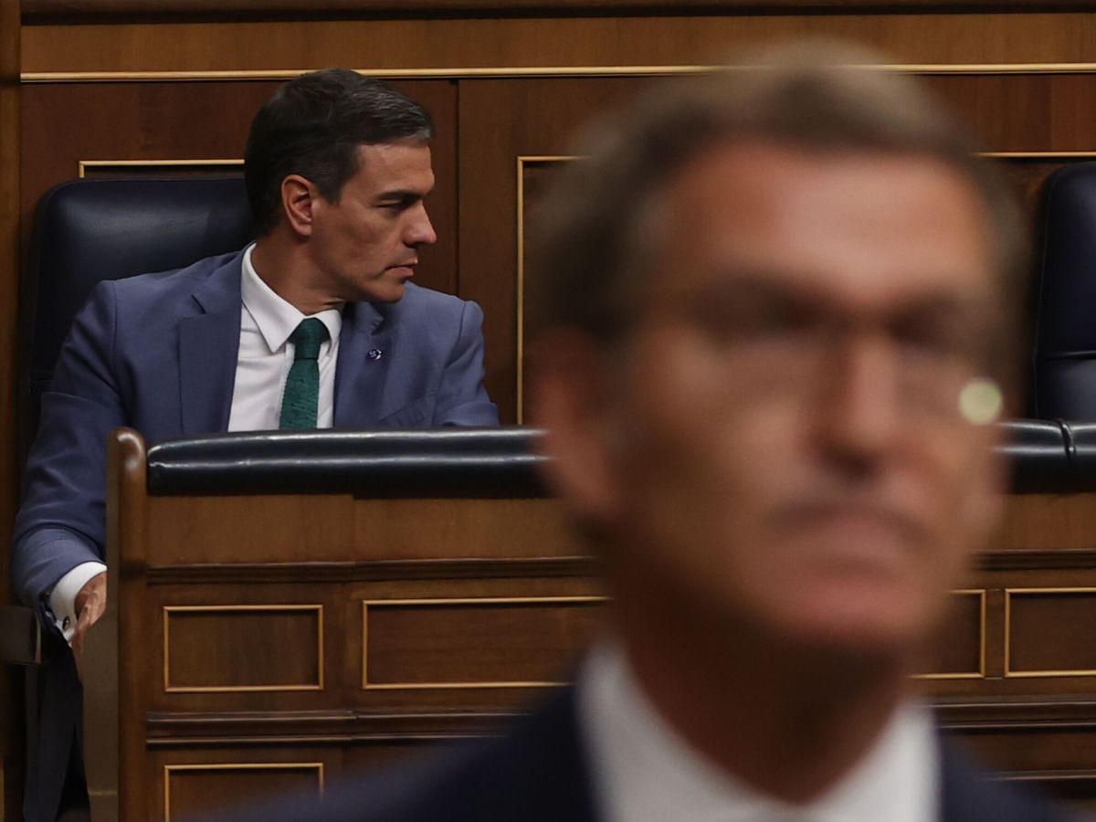Foto: El presidente del Gobierno en funciones, Pedro Sánchez (i), asiste a la primera sesión del debate de investidura de Alberto Núñez Feijóo. (EFE/Kiko Huesca)