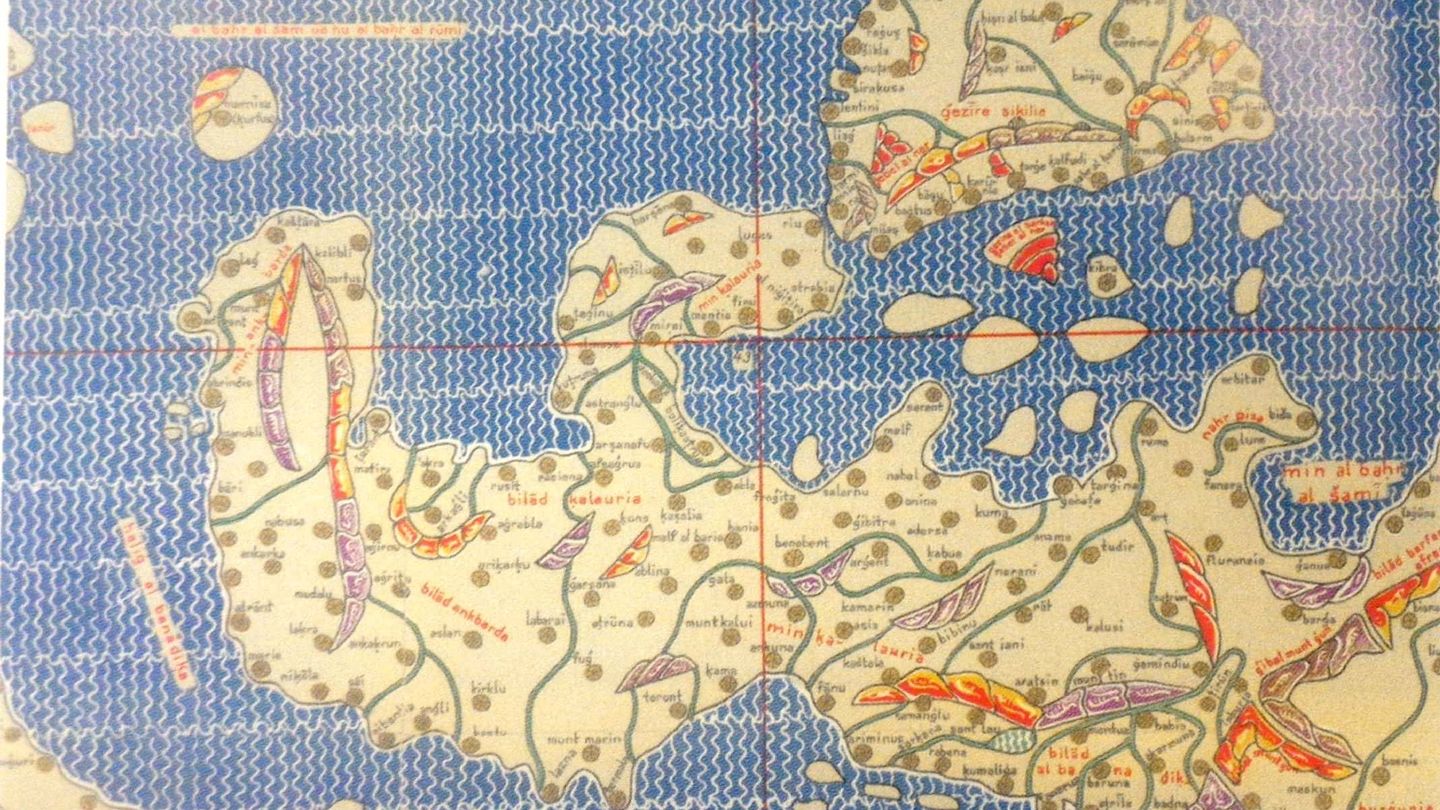 Sicilia y el sur de Italia en el atlas de Al-Idrisi.