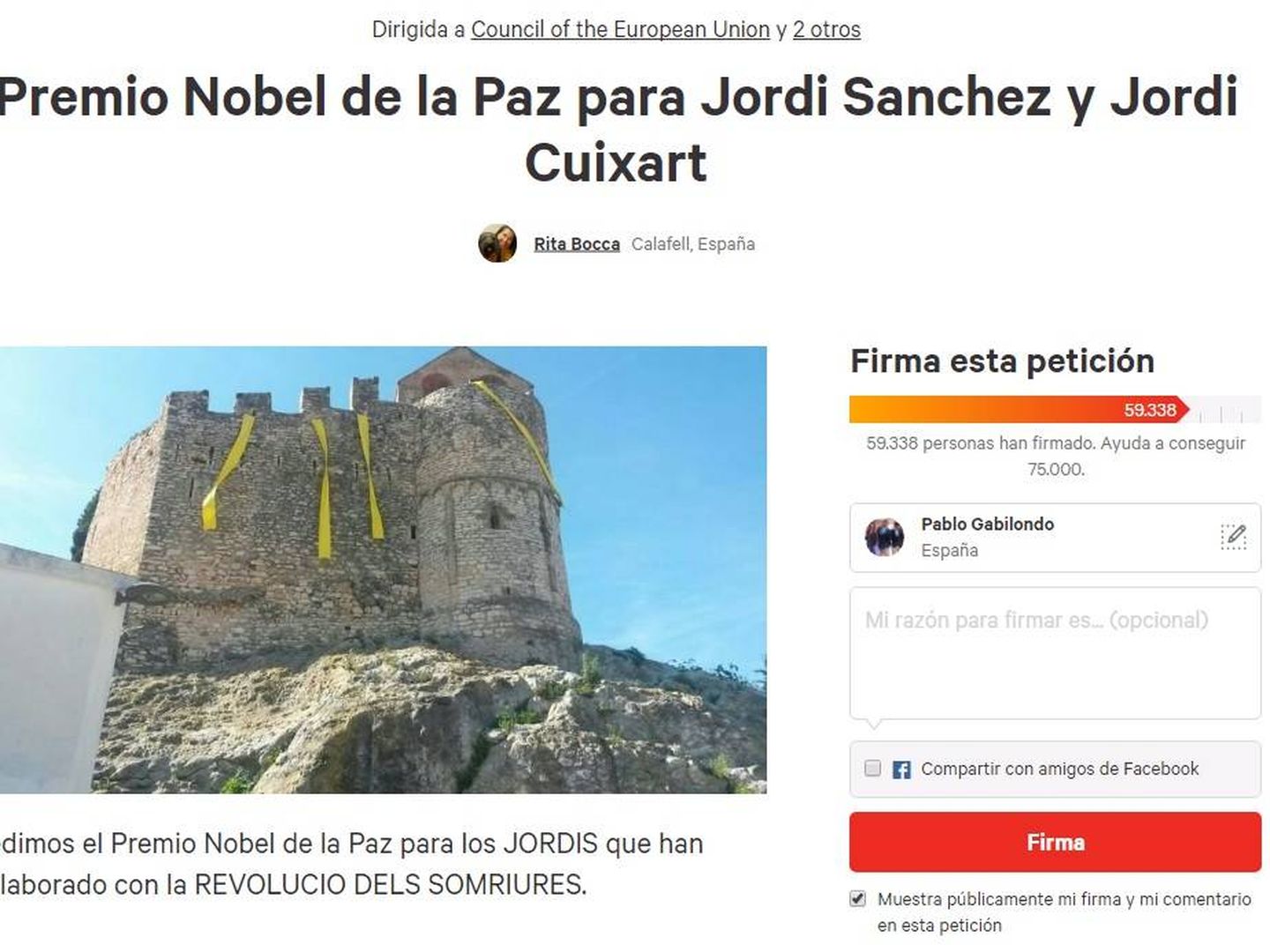 Más de 50.000 personas piden el Premio Nobel de la Paz para 'los Jordis'. (Change.org)