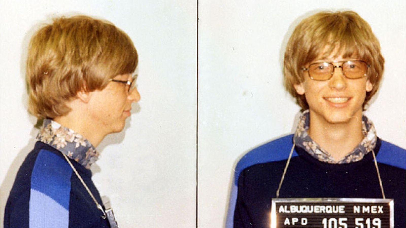 Foto: Ficha policial de Bill Gates en 1977.