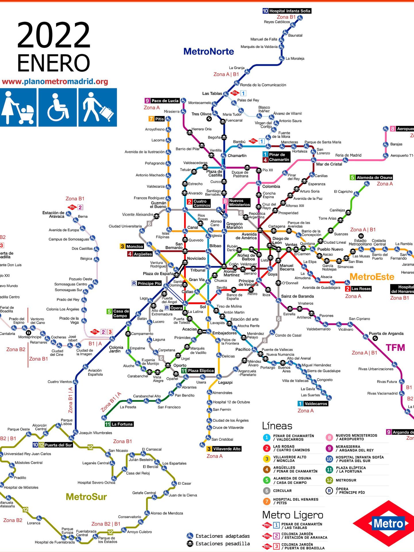 Plano de Metro con las 'paradas pesadilla' señalizadas. (Plano Metro Madrid)