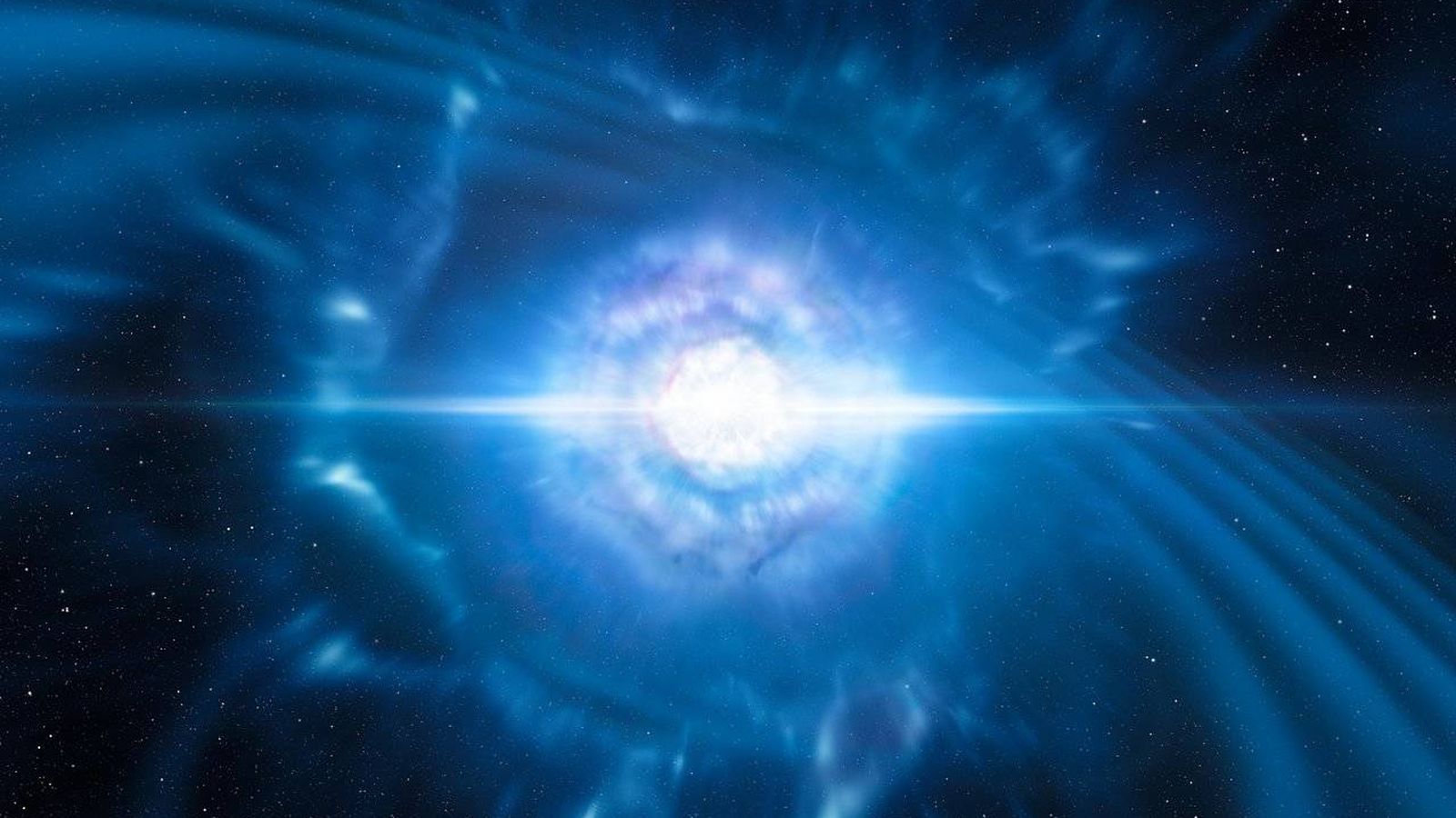Foto: Ilustración artística de la explosión de una kilonova emitiendo ondas gravitacionales y luz. (ESO)