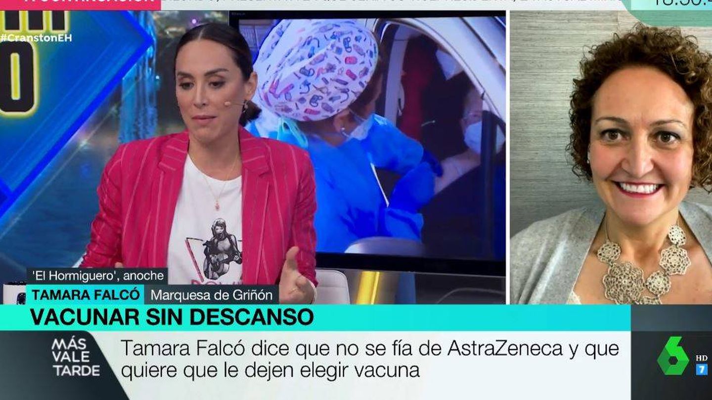 Ana Céspedes ve un fragmento de Falcó en 'El hormiguero'. (Atresmedia)
