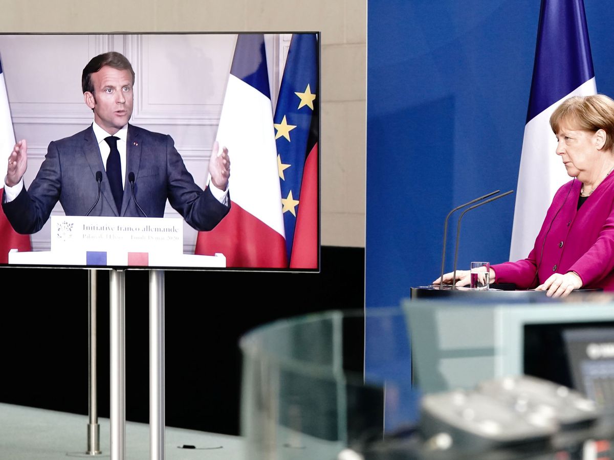 Foto: La canciller alemana, durante su rueda de prensa virtual con Macron. (Reuters)