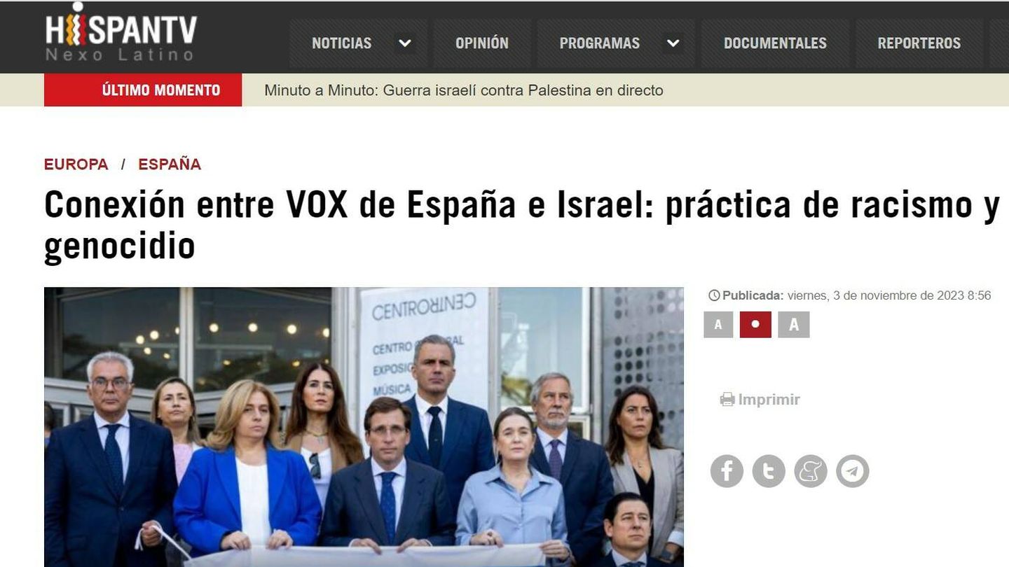 Encabezamiento de la noticia de Hispan TV sobre Vidal-Quadras. 