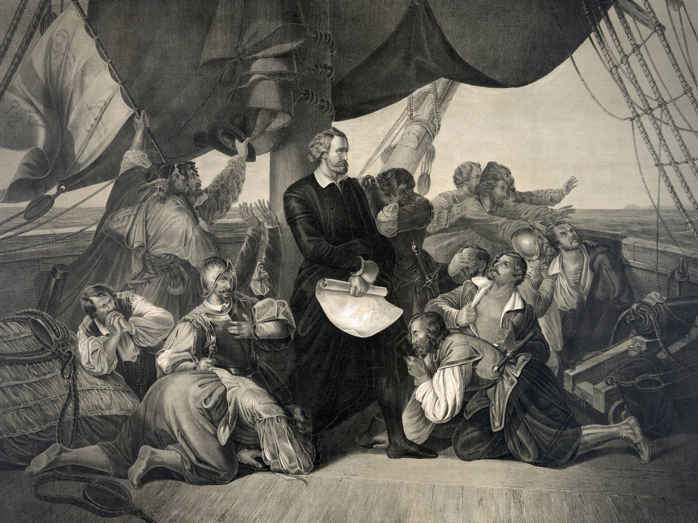 Ilustración de Cristóbal Colón de pie entre su tripulación a bordo del Santa María (Fuente: iStock)