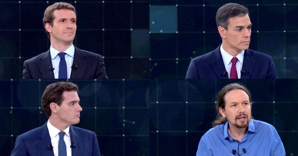 Foto: Pablo Casado, Pedro Sánchez, Albert Rivera y Pablo Iglesias, durante el primer debate electoral. (Reuters)