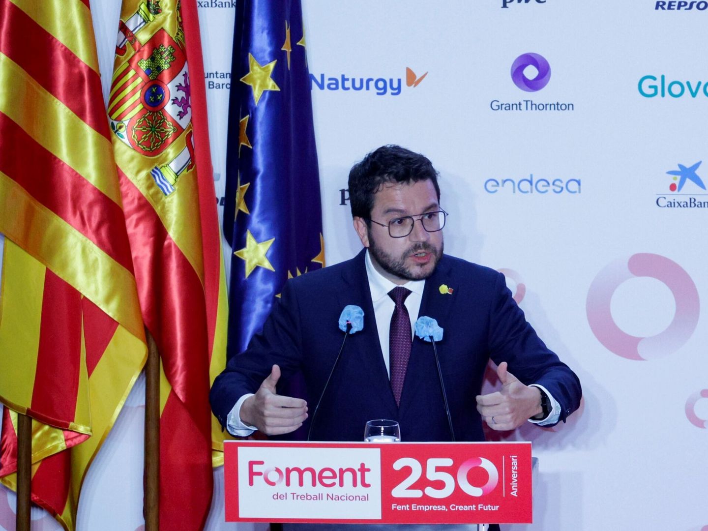 El presidente de la Generalitat de Cataluña, Pere Aragonès, interviene en el acto de celebración del 250 aniversario de Foment del Treball. (EFE/Quique García)