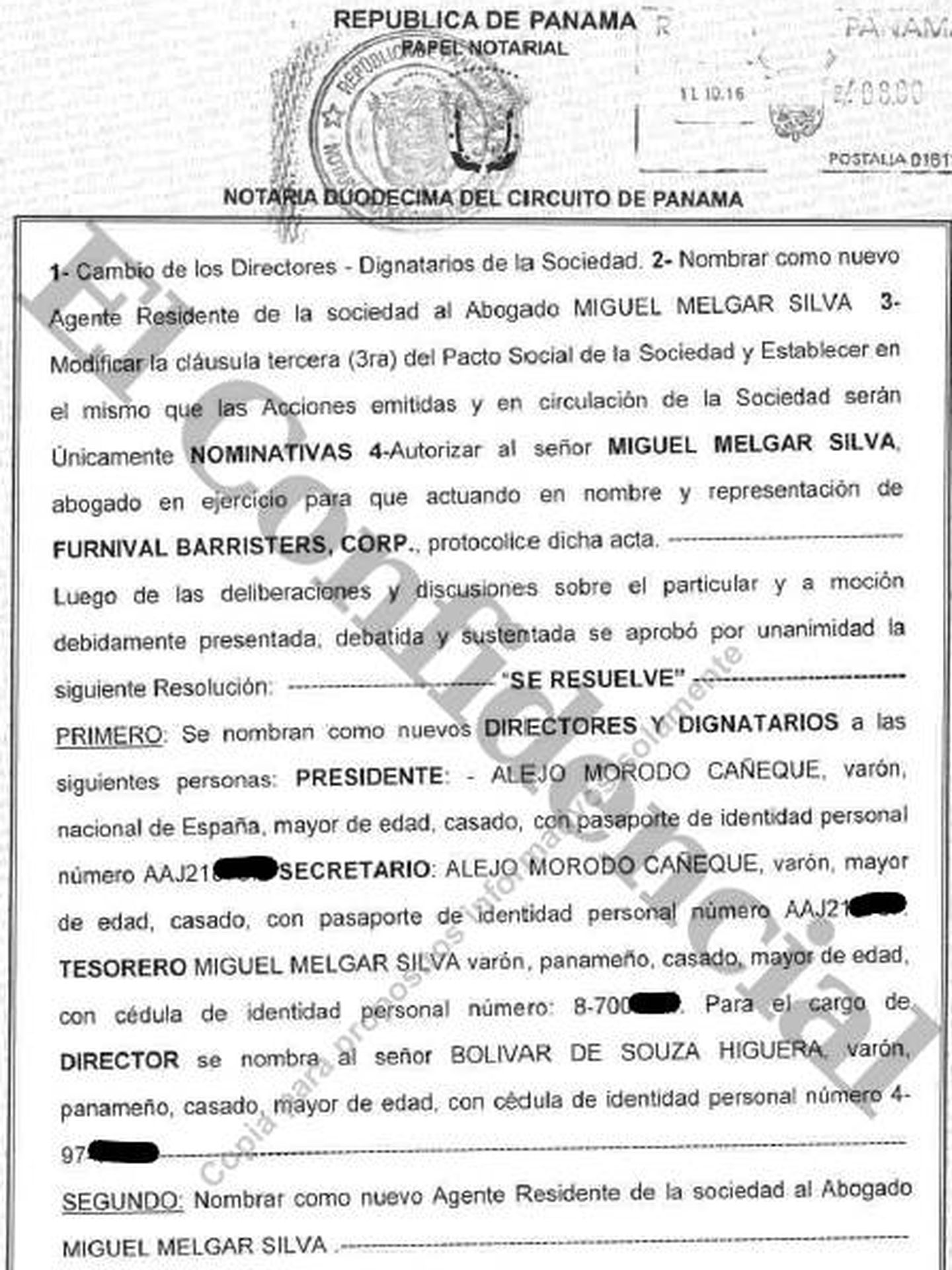 Documento de la sociedad panameña donde aparece por primera vez Alejo Morodo en octubre de 2016