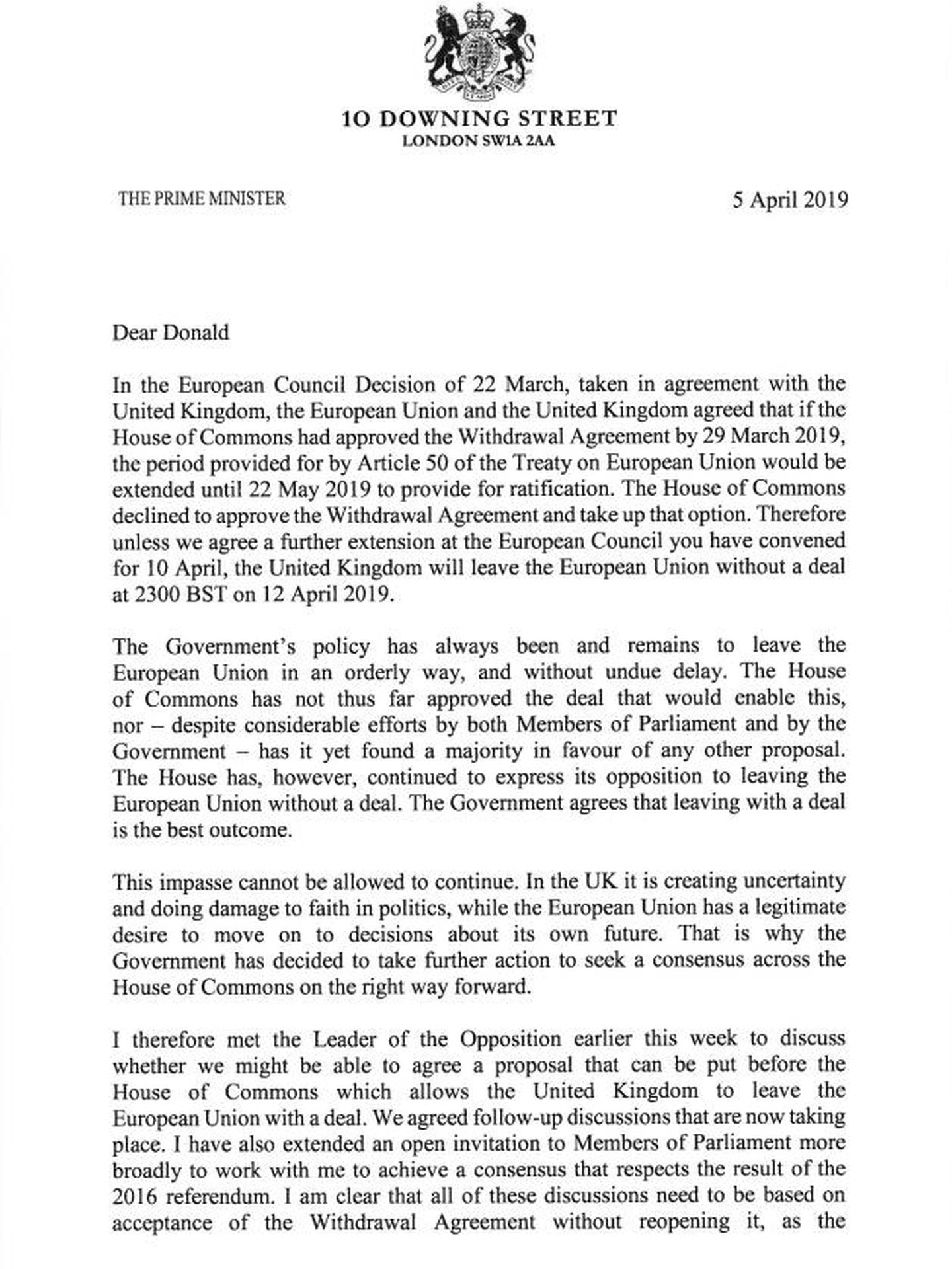 Pinche aquí para leer la carta en inglés de Theresa May a Donald Tusk