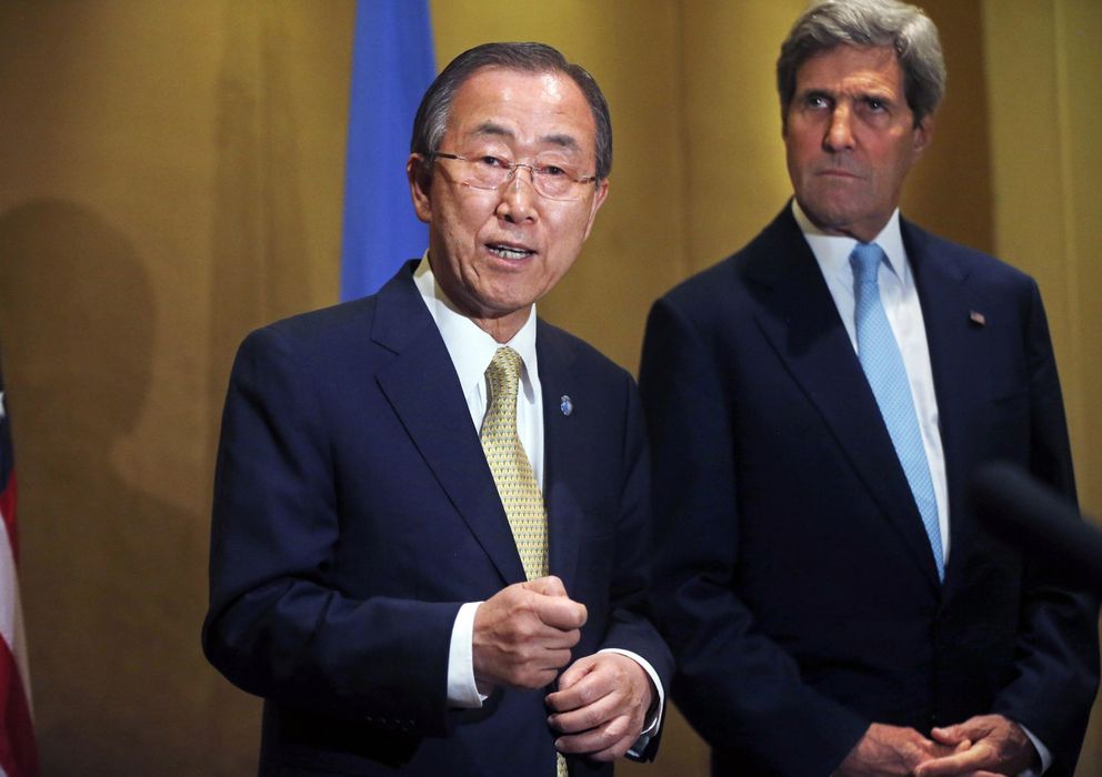 Foto: El secretario general de la ONU Ban Ki-Moon junto al secretario de Estado norteamericano John Kerry (Reuters)