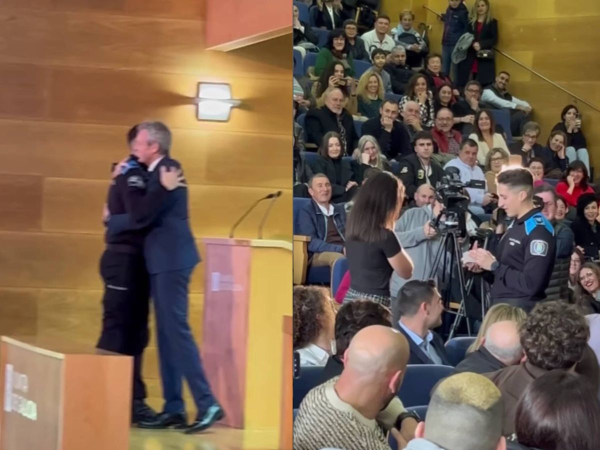 Foto: El presidente de la Xunta de Galicia hace de celestino con un policía local de Vigo que le pidió matrimonio a su novia. (Instagram/@alfonsoruedagal)