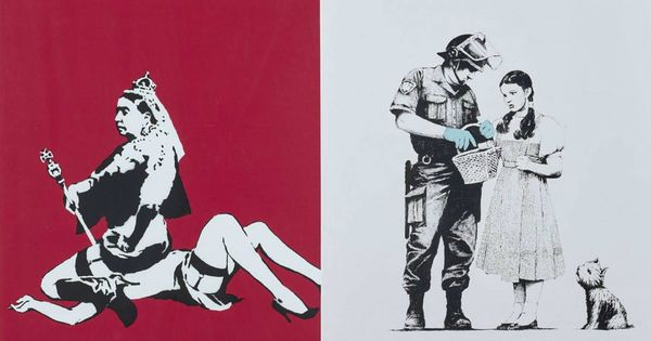 Foto: 'Queen Vic' y 'Stop and Search', de Banksy. Foto: Artcurial