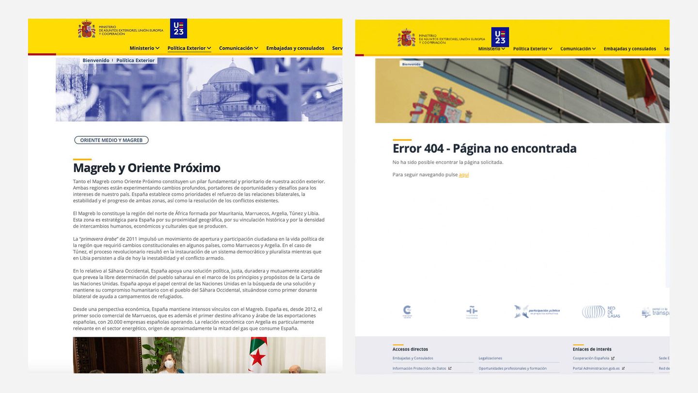 Web del Ministerio de Exteriores con la página sobre el Magreb y Oriente Medio antes y después de que se haya eliminado. (Ministerio de Exteriores)