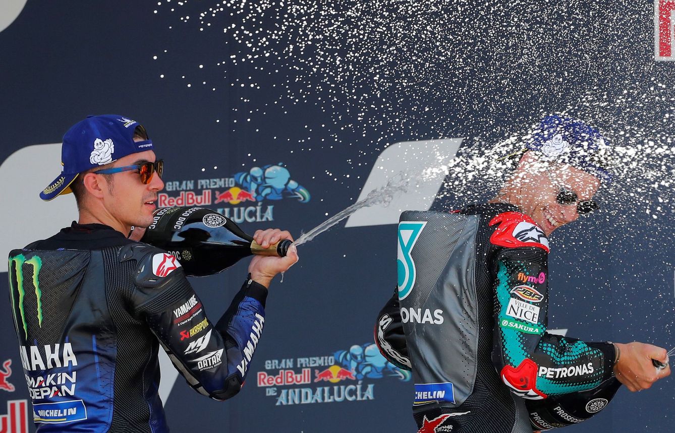 Viñales y Quartararo celebran su podio en Jerez.