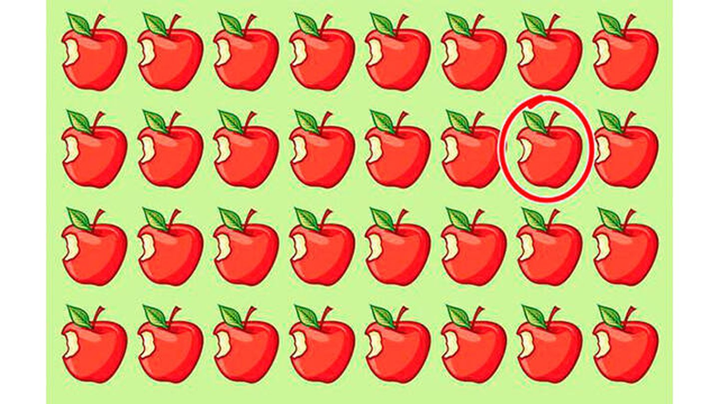 Como podrás comprobar la manzana distinta está redondeada con un círculo (depositphotos.com/smalljoys.tv)