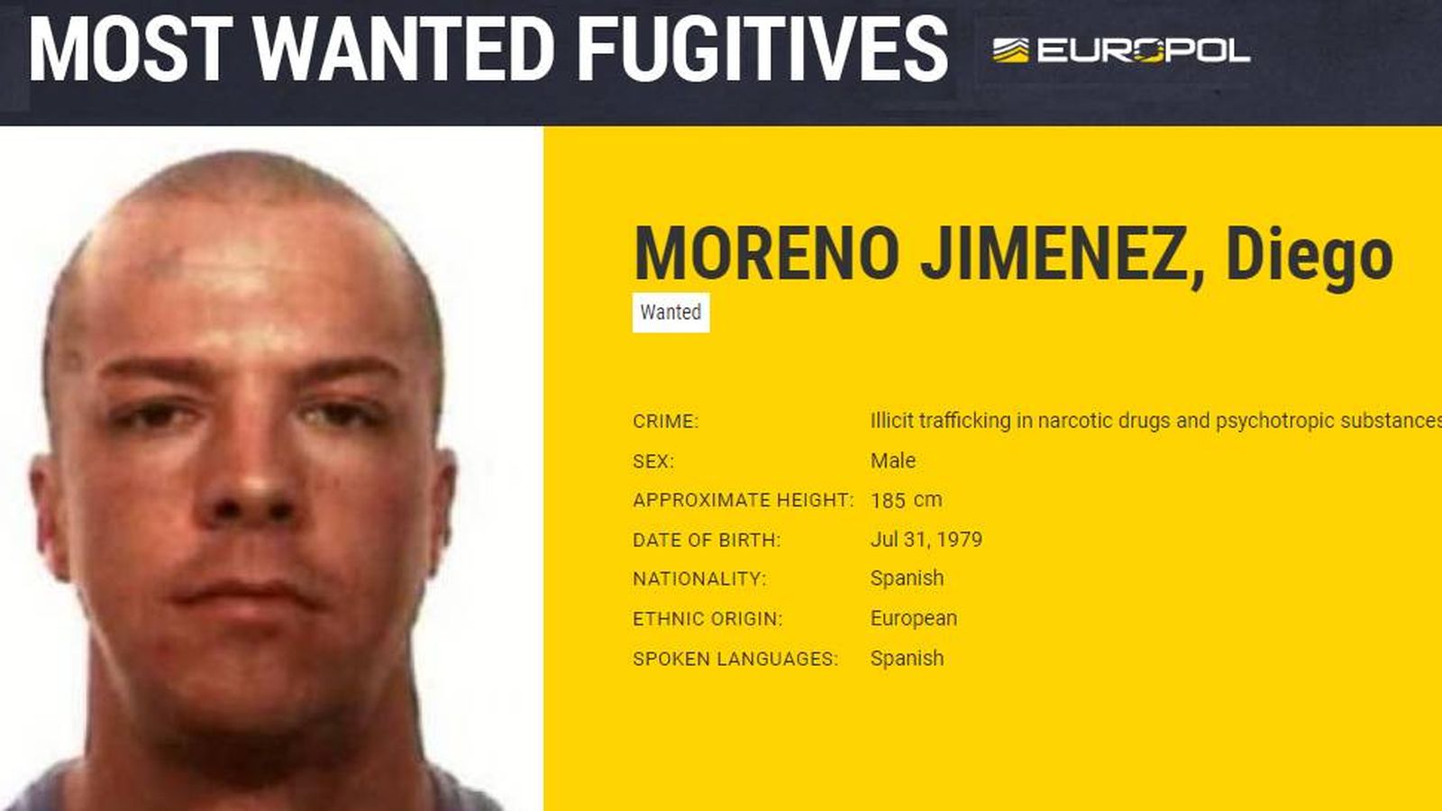 Foto: Ficha de fugitivo de Diego Moreno Jiménez. (Europol)