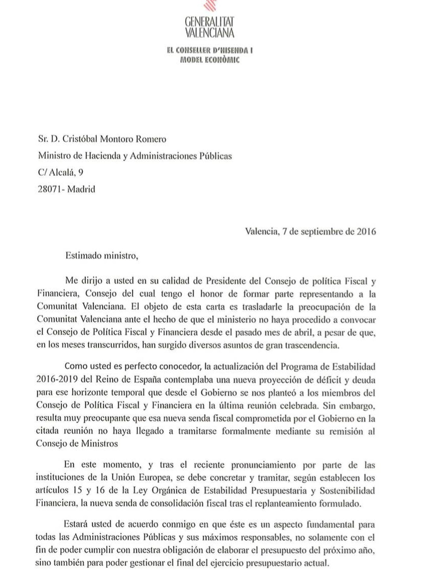 La carta del 'conseller' Vicent Soler a Cristóbal Montoro.