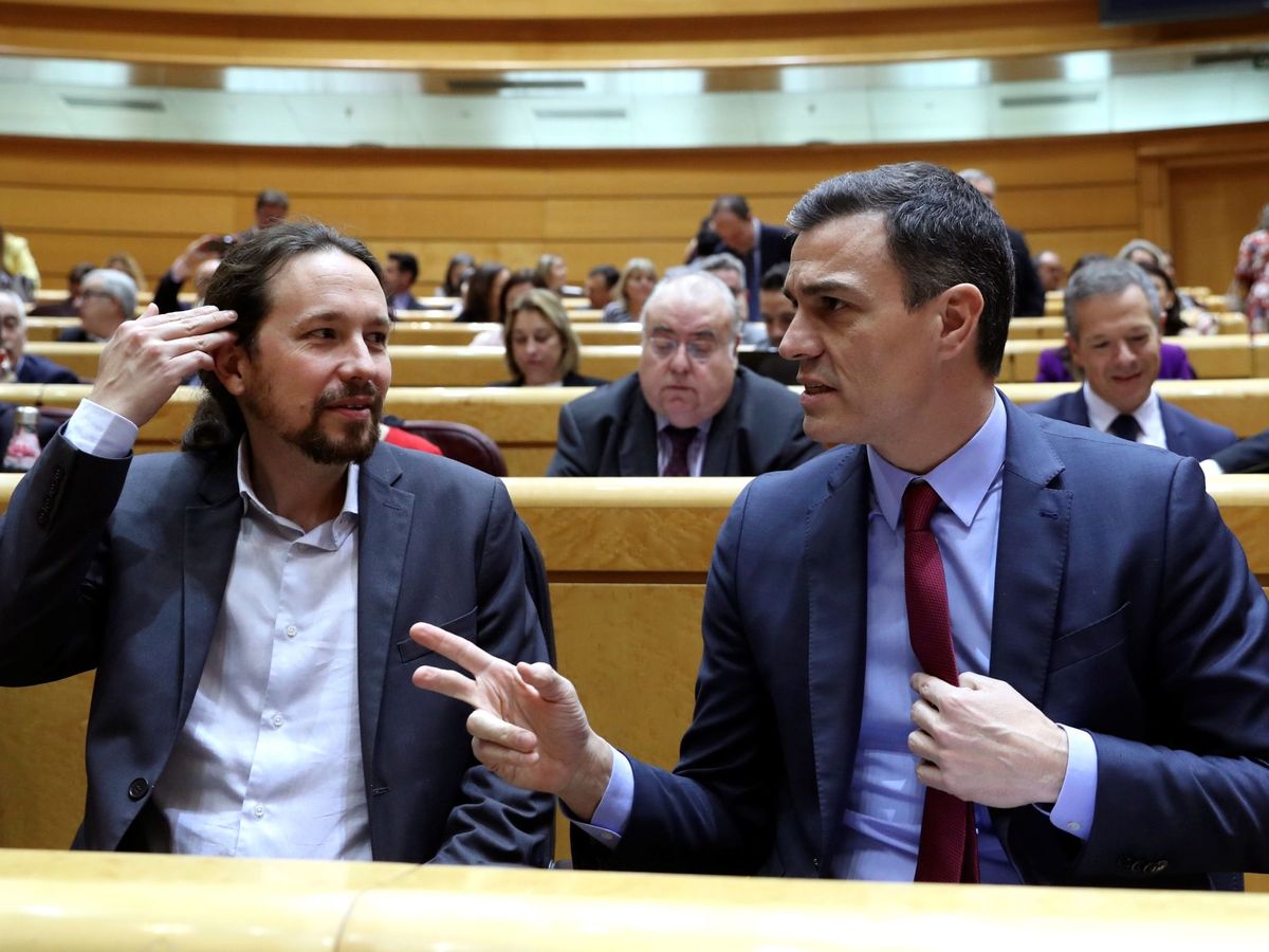 Foto: Pablo Iglesias y Pedro Sánchez, en el Senado. (EFE)