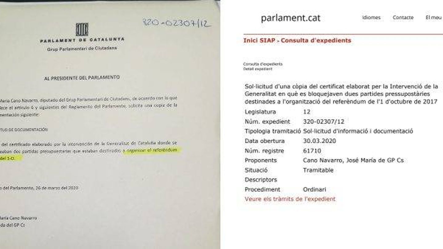 Documento que muestra la 'censura' denunciada por Ciudadanos en el Parlament.