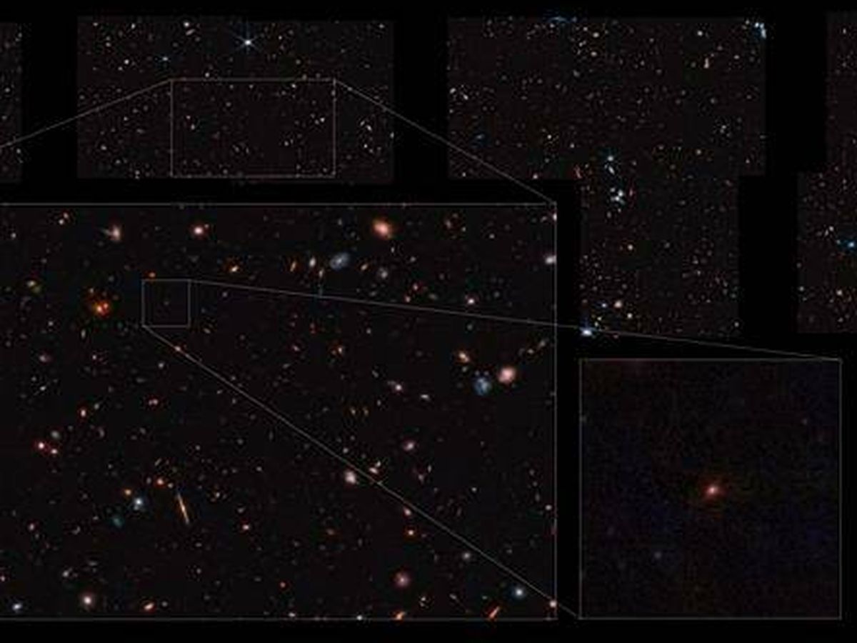 Foto:  Mosaico de NIRCam con un recuadro ampliado que muestra la galaxia de Maisie. (EFE)