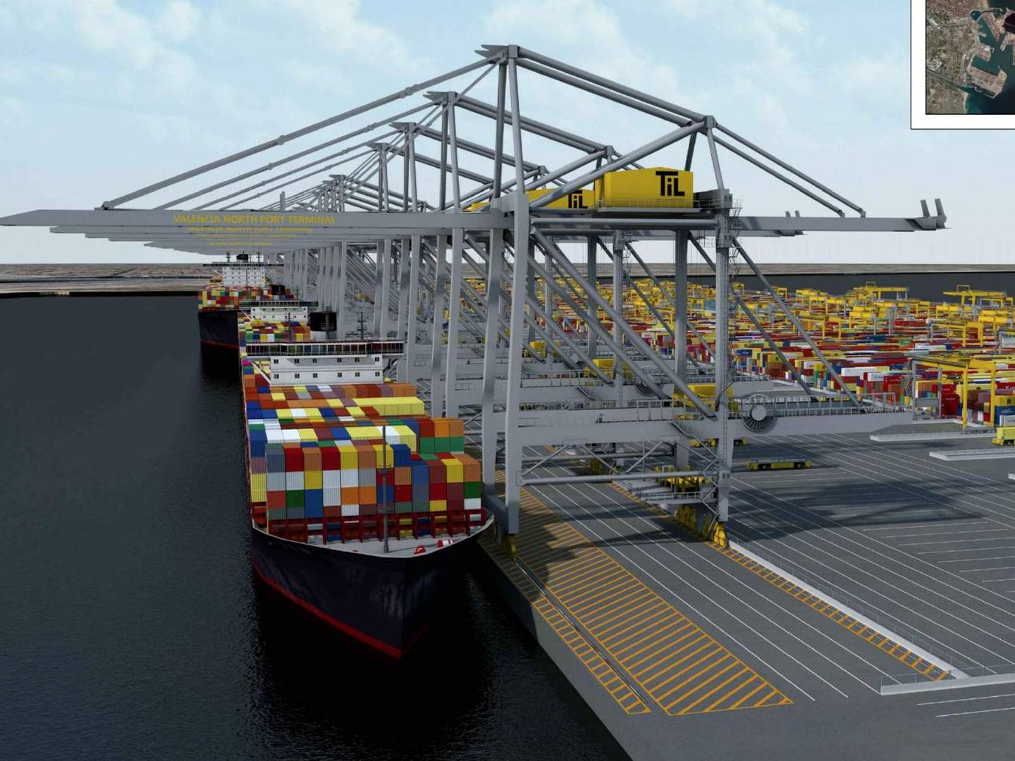 Simulación de zona de estiba en el proyecto de ampliación del puerto de Valencia presentado por MSC. (TIL)