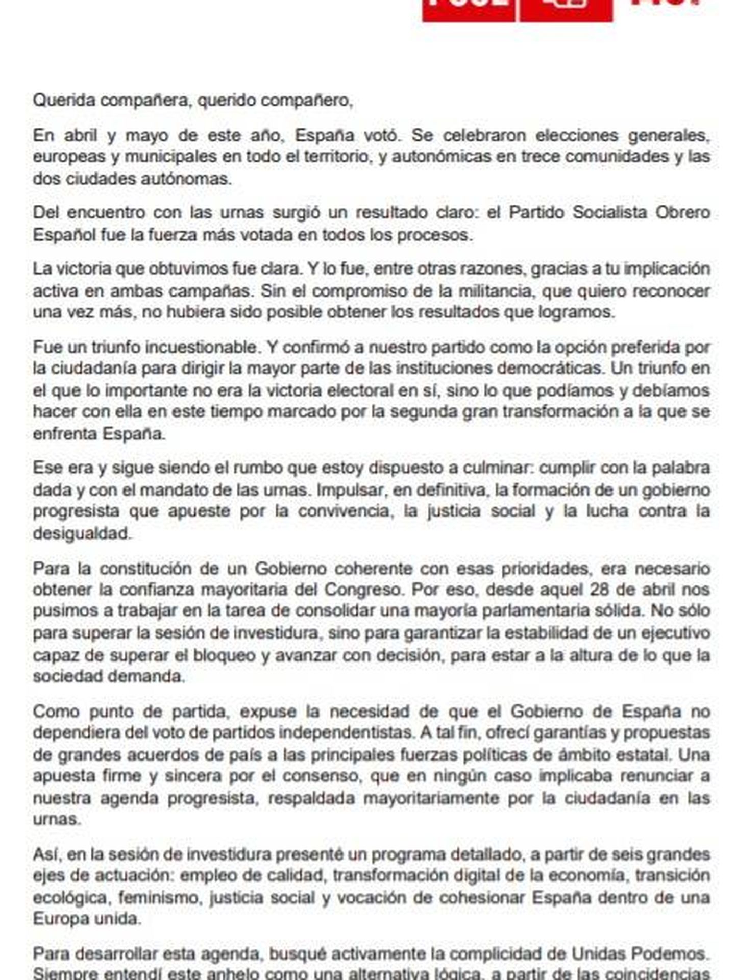 Consulte aquí en PDF la carta a la militancia del PSOE en la que Pedro Sánchez explica qué hará tras su investidura fallida. 