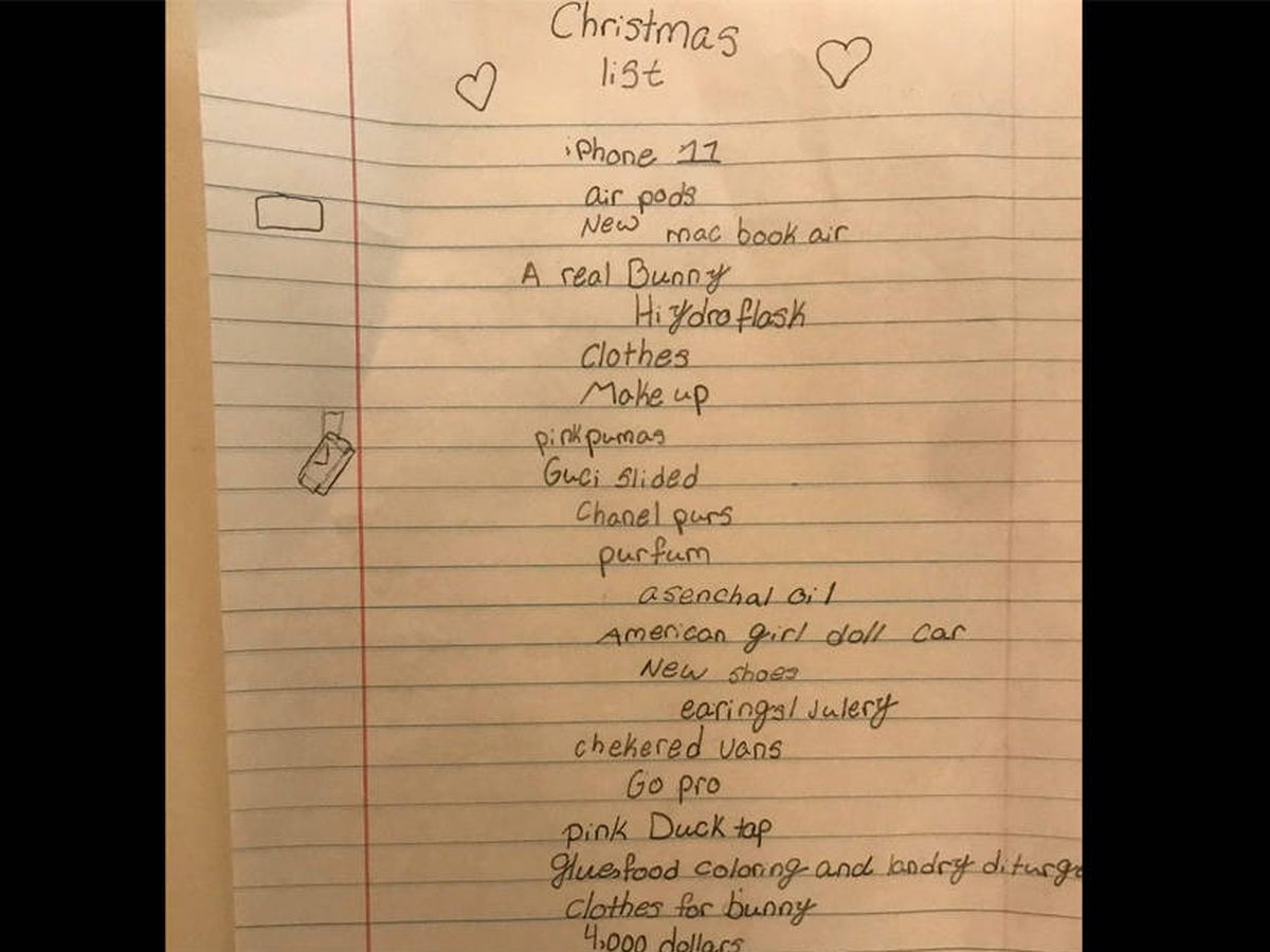 Foto: Algunos de los 26 regalos que una niña de diez años ha pedido a Papá Noel para las próximas Navidades (Foto: Twitter)