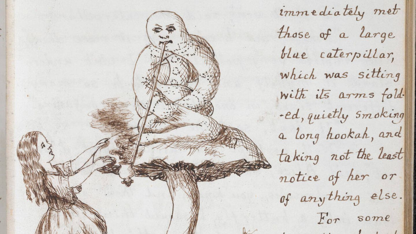 Una página del manuscrito original de Alice's Adventures in Wonderland, ilustrada por el autor. (Wikimedia)