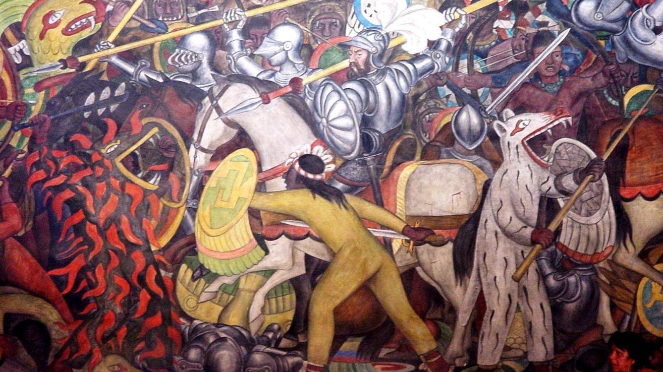 Mural de Diego Rivera sobre la conquista de México.