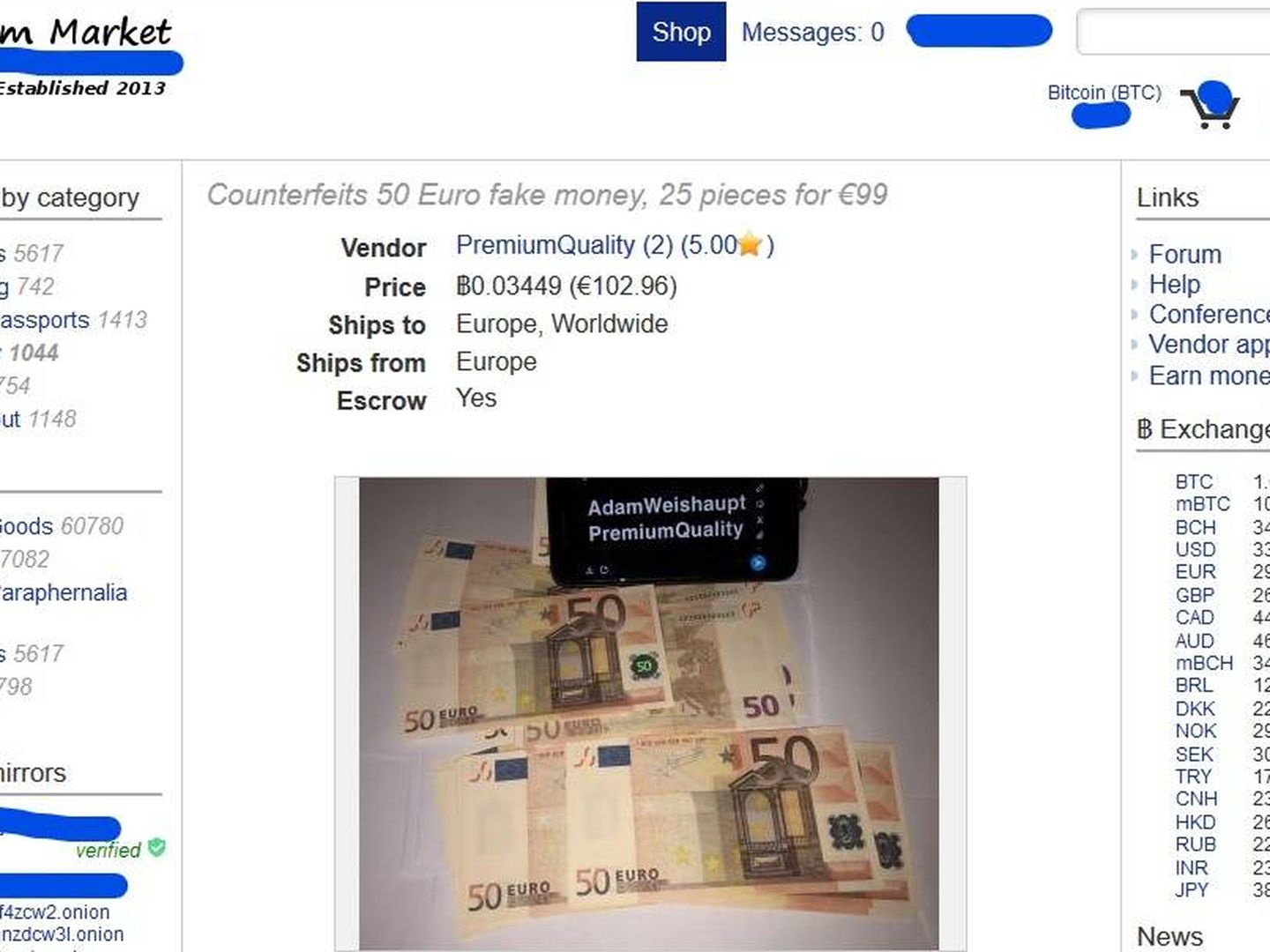 Billetes de euro falsificados ofrecidos en uno de los mercados digitales de la 'darknet'.
