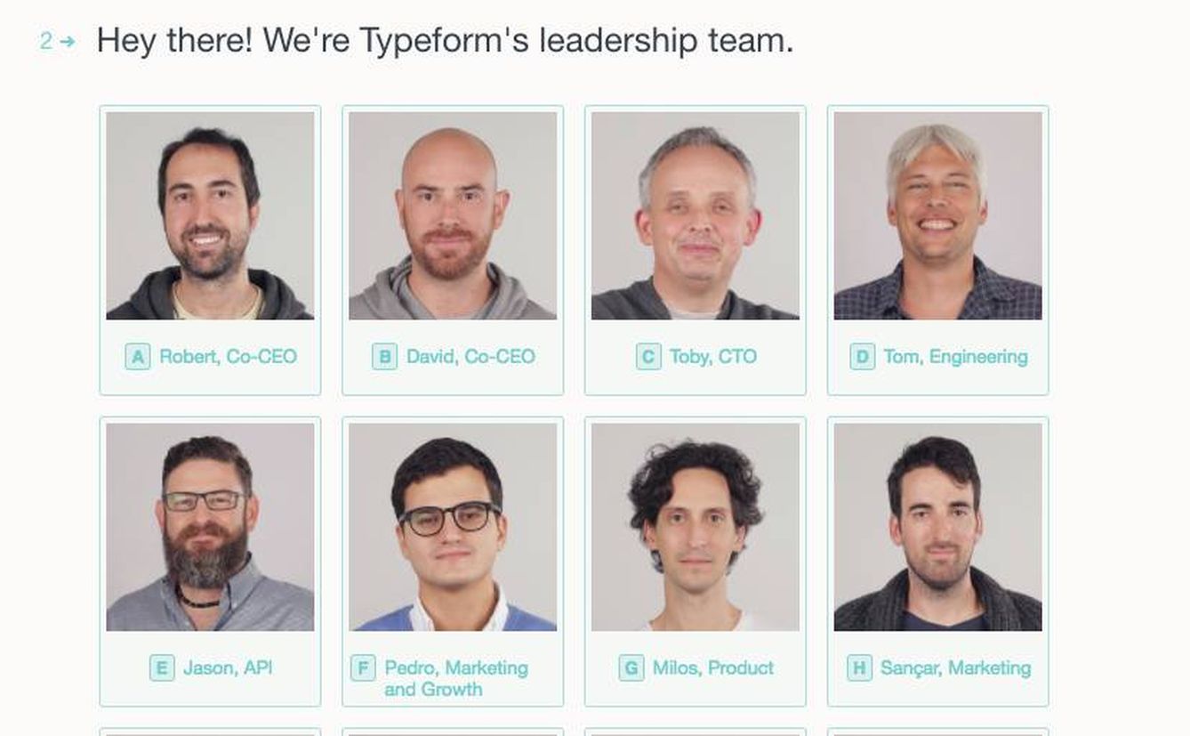 El equipo directivo de la 'startup' española Typeform: solo el 32% de plantilla son mujeres y tienen dos jefas de un total de 14 altos cargos.