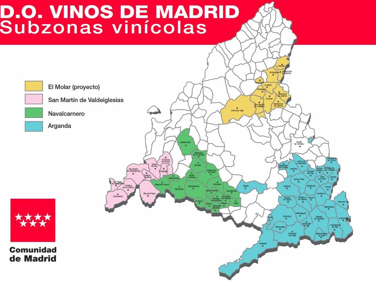 Abajo, las tres zonas ya reconocidas en la DO Vinos de Madrid. Arriba, la nueva zona que quiere ser incluida.