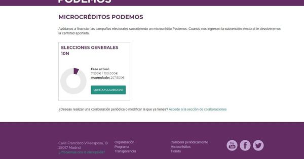 Foto:  Pantallazo de campaña de microcréditos de Podemos.