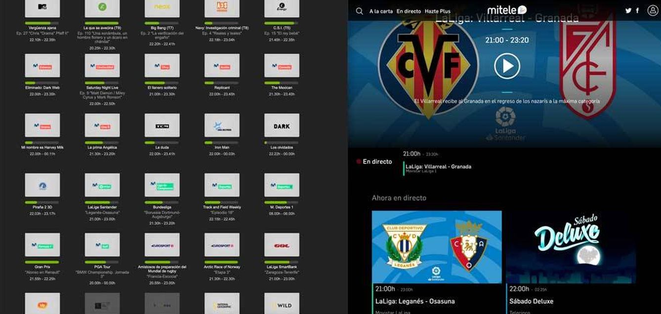 A la izquierda los canales disponibles en la app de Movistar+, a la derecha en MiTele. En el segundo se pueden ver dos partidos, mientras que en el primero solo el emitido en Movistar La Liga.