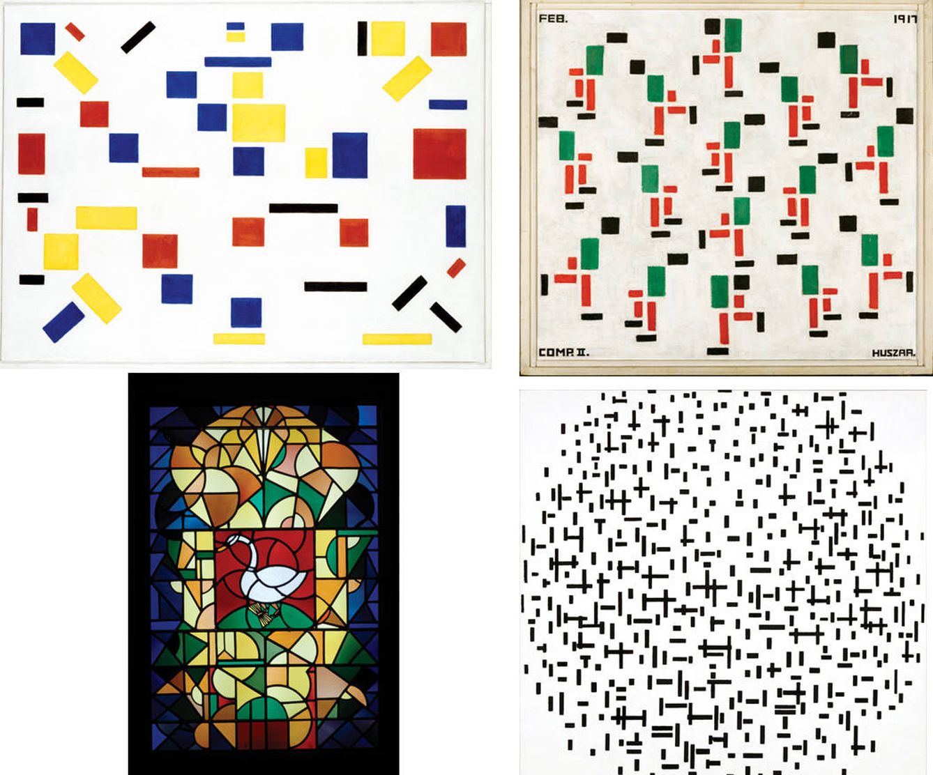 De izquierda a derecha y de arriba abajo, composición de Bart van der Leck; 'Figuras Patinando', de Vilmos Huszár, y vidriera de Theo van Doesburg; y una composición de Piet Mondrian. 